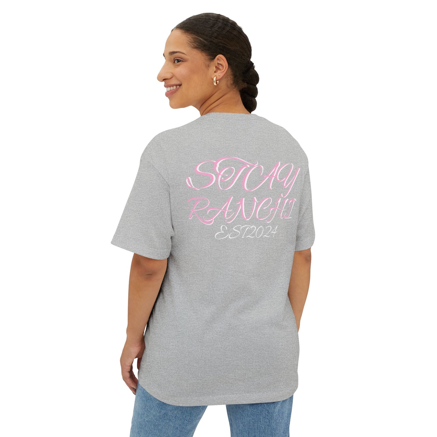 Boxy Tee — 'STAY RANCHI' Pastel Pink Oversized Graphic T-Shirt