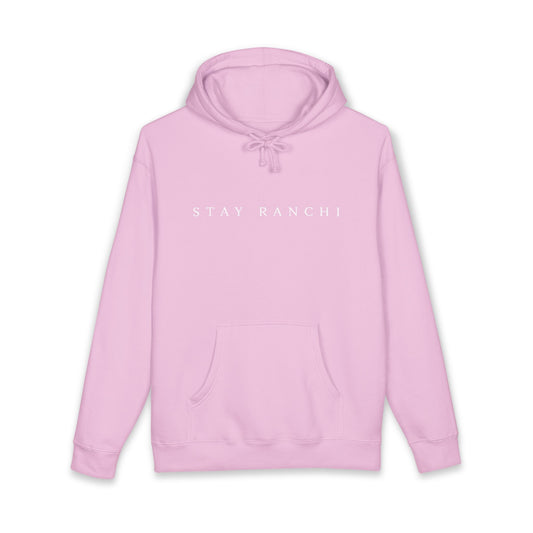 Stay Ranchi Hoodie — Pink Cowprint Logo Hooded Sweatshirt