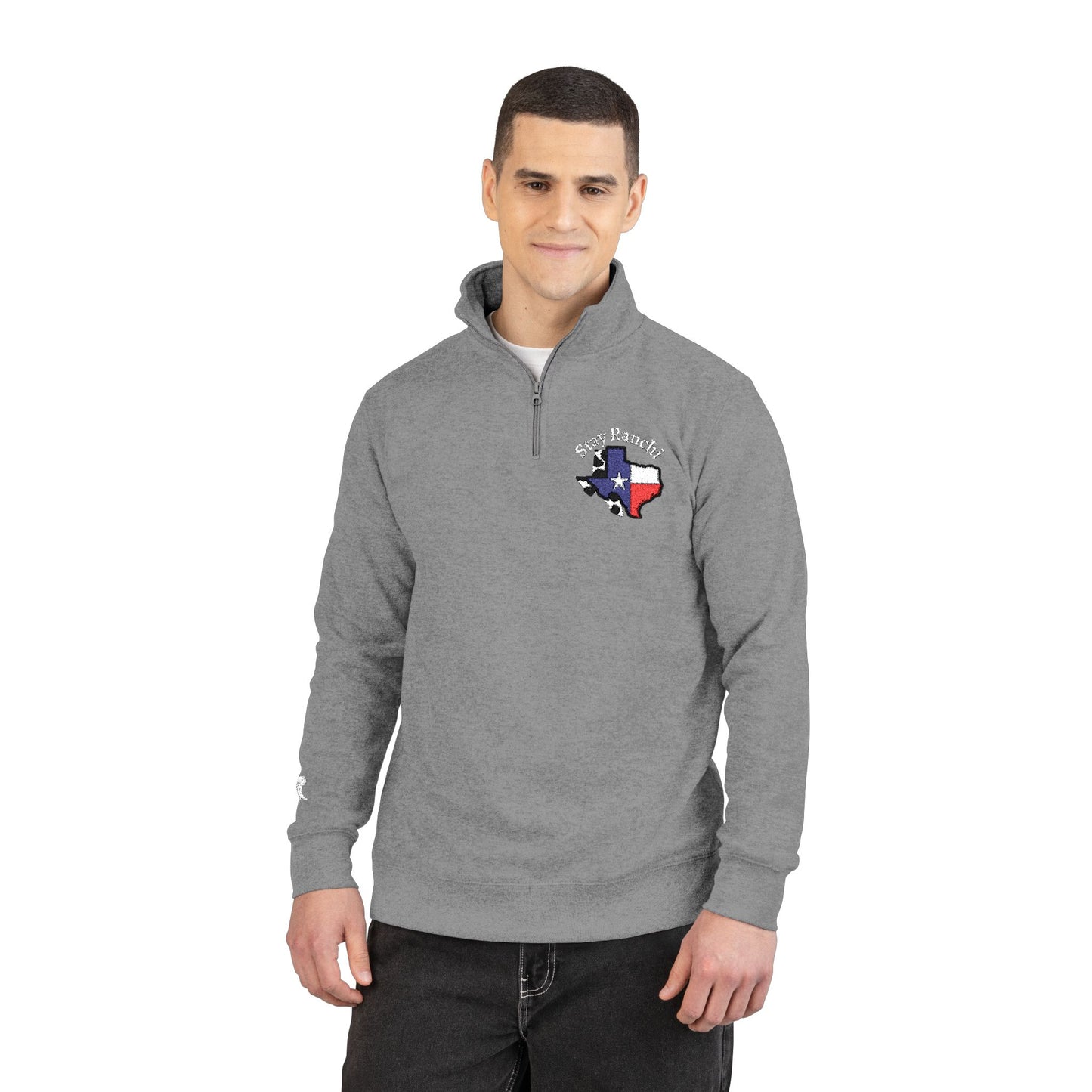Texas Flag Embroidered Pullover — SR Monogram Fleece Quarter‑Zip