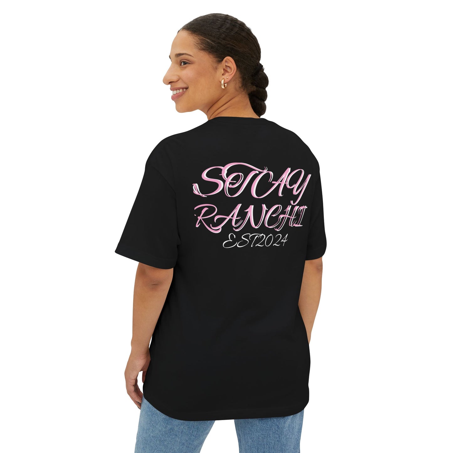 Boxy Tee — 'STAY RANCHI' Pastel Pink Oversized Graphic T-Shirt