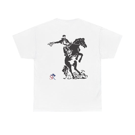 Stay Kanchi Tee — Minimalist White T‑Shirt with Rodeo Horse Back Graphic
