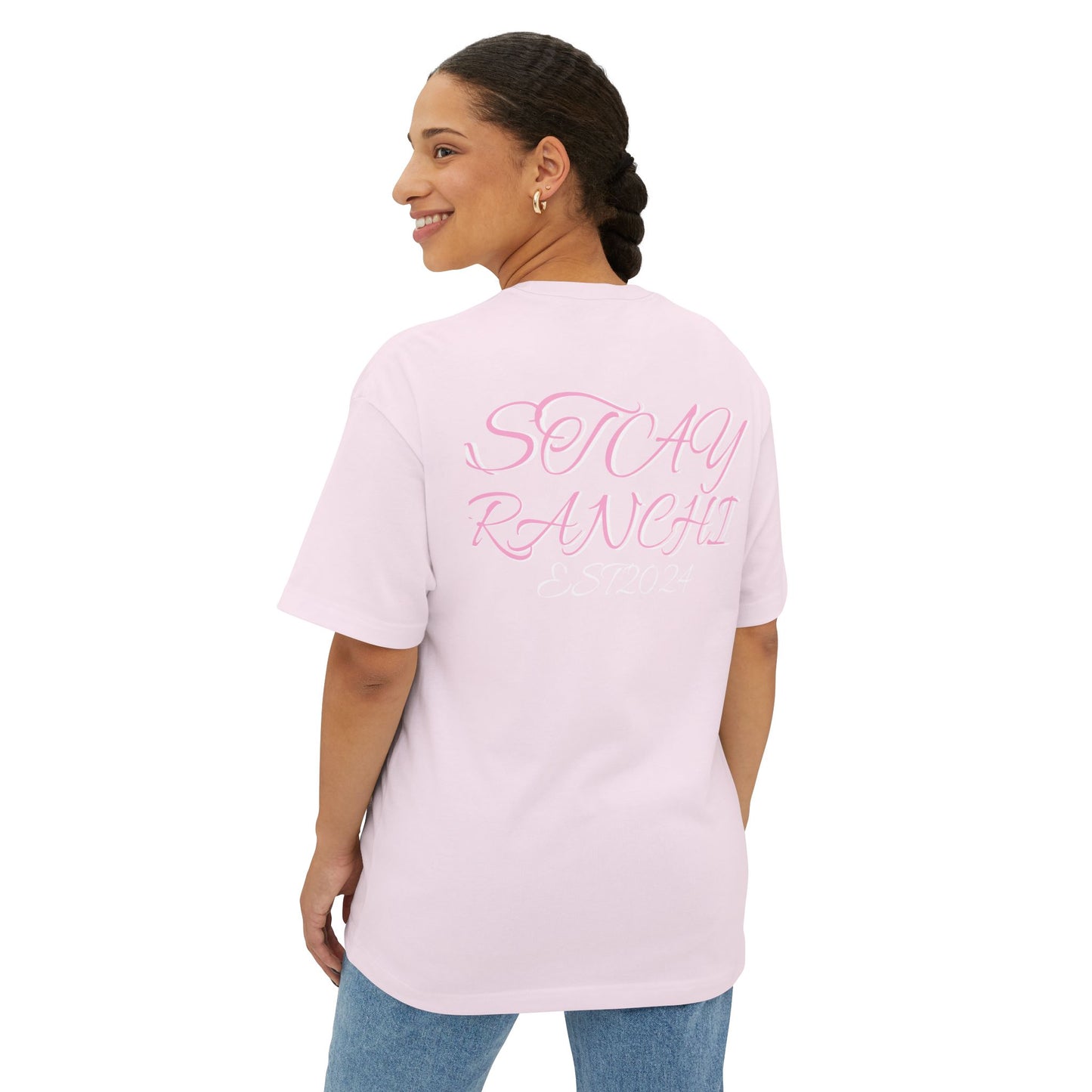 Boxy Tee — 'STAY RANCHI' Pastel Pink Oversized Graphic T-Shirt
