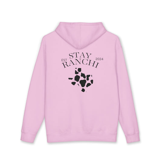 Stay Ranchi Hoodie — Pink Cowprint Logo Hooded Sweatshirt