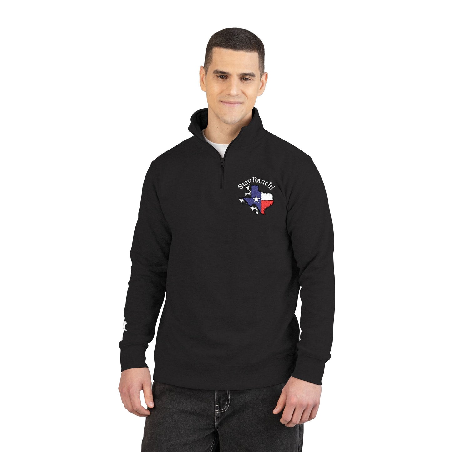 Texas Flag Embroidered Pullover — SR Monogram Fleece Quarter‑Zip